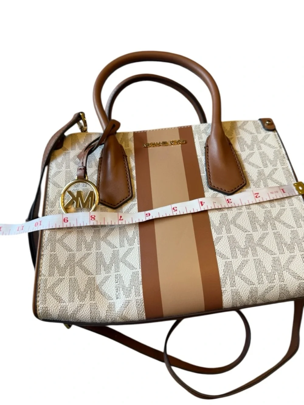 MICHAEL KORS Center Stripe Handbag Vanilla Maple Small Satchel NEW‎ $298 Preppy